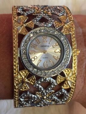 Two Tone Floral Wide Cuff Bracelet Watch NWT